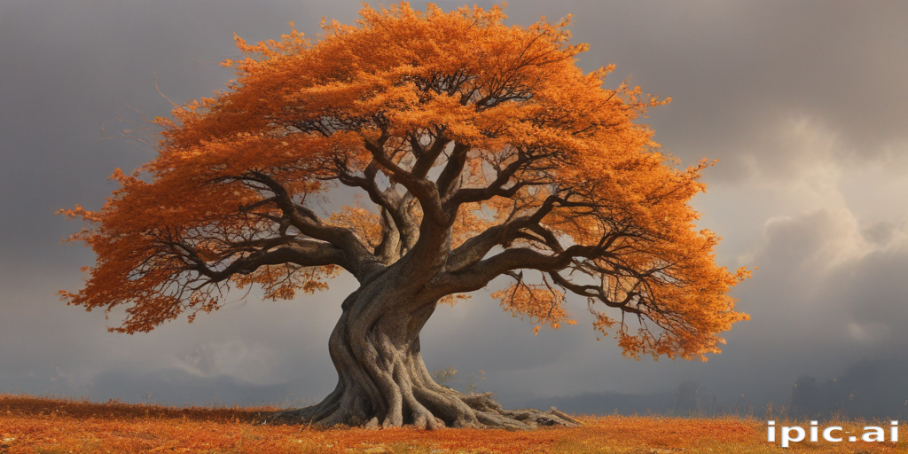 Majestic Autumn Tree with Vibrant Orange Leaves Against a Dramatic Sky