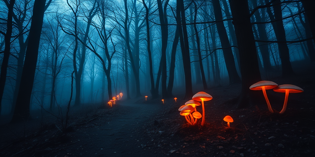 Create an image of a mystical forest during twilight with glowing mushrooms, soft mist, and a winding path, shot with a DSLR camera at f/2.8 aperture, ISO 400, 50mm lens, using a low-angle view to capture depth and perspective.