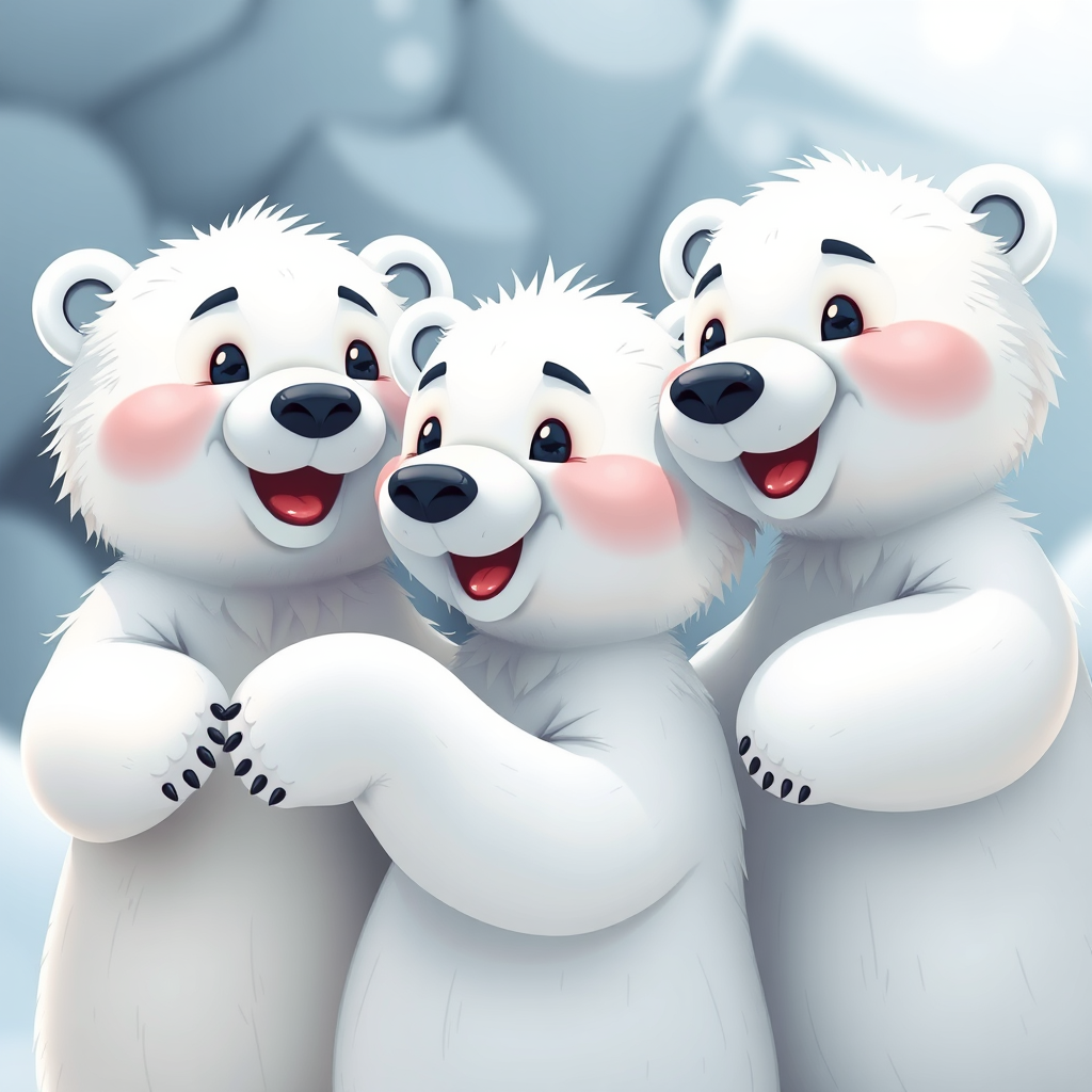 cartoon polar bears in playful poses, high-resolution, 85mm lens, f/4, natural lighting, macro photography, digital illustration