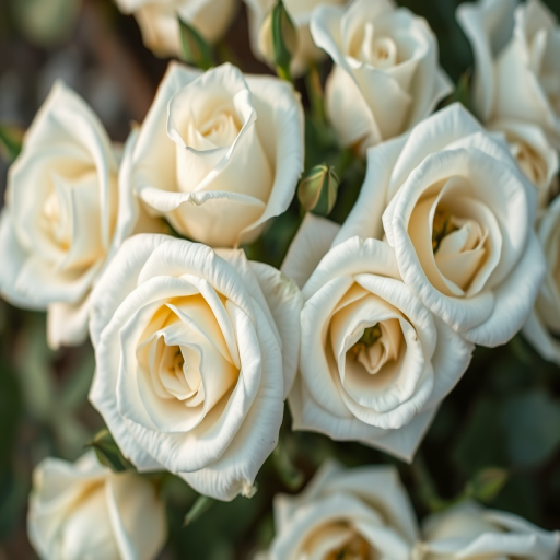 create a high-resolution image of white roses in soft focus, using an aperture of f/2.8, ISO 100, 50mm lens, top-down view, with natural soft lighting and a macro photography style
