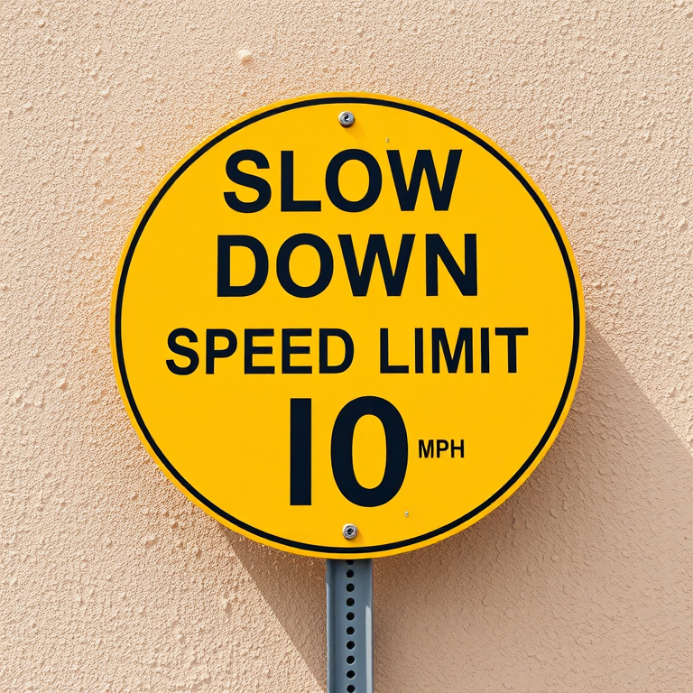 Create an image of a bright yellow traffic sign that reads "SLOW DOWN SPEED LIMIT 10 MPH" against a textured beige wall, using a DSLR camera with an aperture of f/8, ISO 200, a shutter speed of 1/250s, shot from a straight-on perspective, in daylight to enhance clarity and detail.