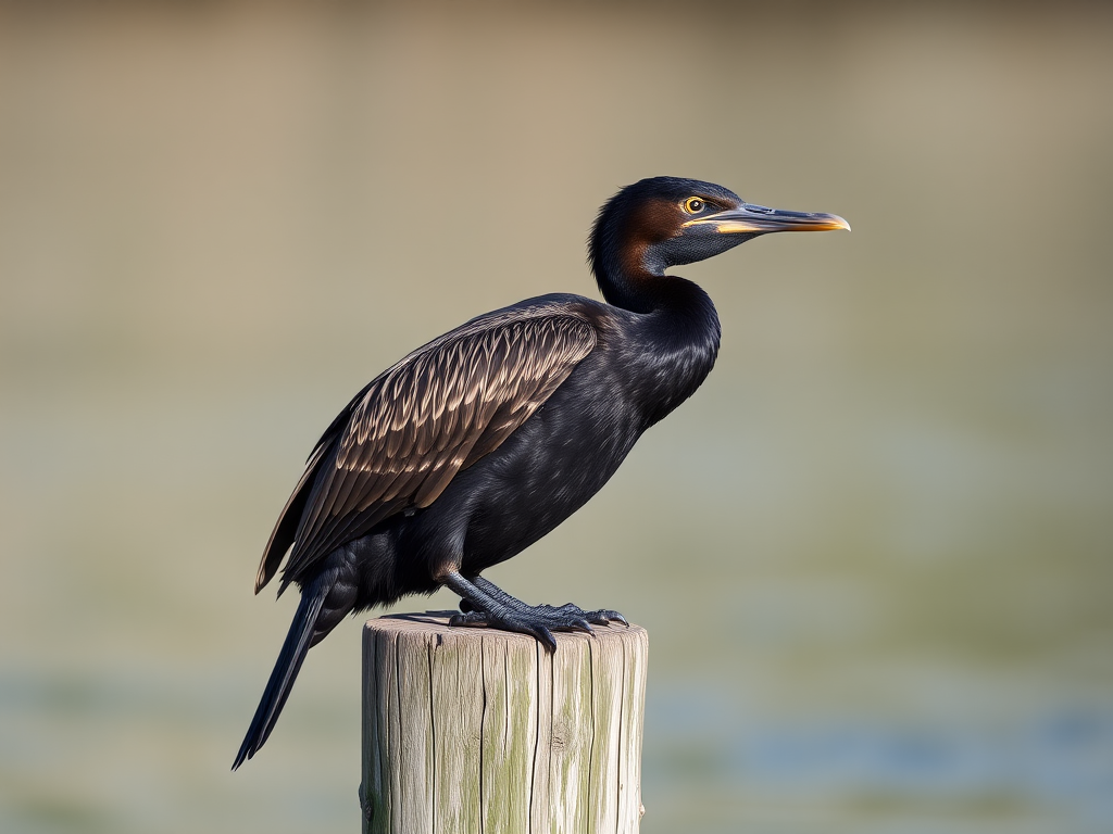 A close-up shot of a cormorant perched on a wooden post near the water, natural lighting, shallow depth of field, ISO 200, f/4, 1/1000s, 85mm lens, DSLR camera.