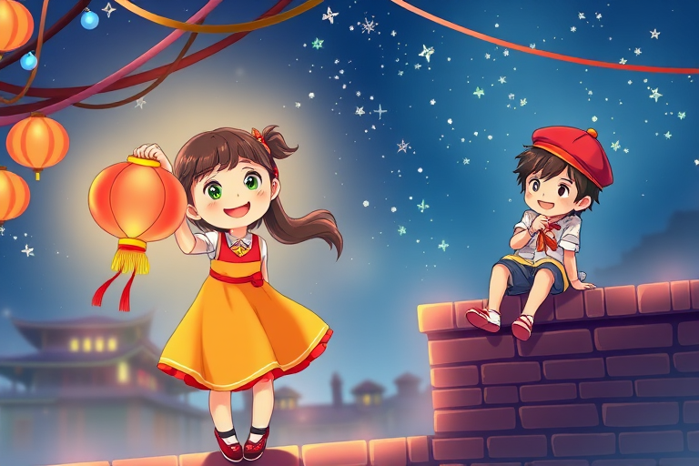 Create a vibrant illustration of two children celebrating a festival at night, one girl holding a colorful lantern and one boy sitting on a brick wall, starry sky in the background, using digital art style, 4K resolution, vibrant colors, soft lighting, and high contrast to enhance details.