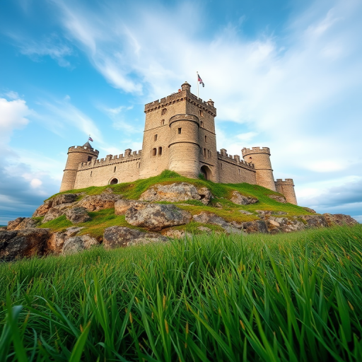 High-resolution image of a medieval castle on a rocky island with lush grass in the foreground, captured with a DSLR camera at f/8 aperture, ISO 100, 1/250 sec exposure, shot from a low angle to emphasize the height of the towers, using a wide-angle lens for a panoramic view.