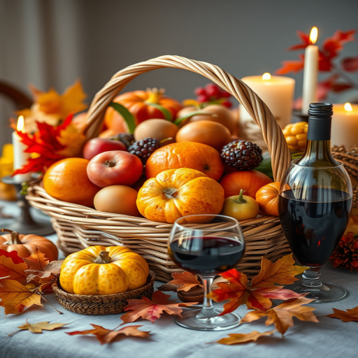 Thanksgiving celebration featuring a harvest basket filled with fruits, a glass of wine, candles, and autumn leaves, designed in a vibrant color palette, captured with a DSLR camera, 50mm lens, f/1.8 aperture, ISO 200, shot in natural light from a 30-degree angle to enhance composition and clarity.