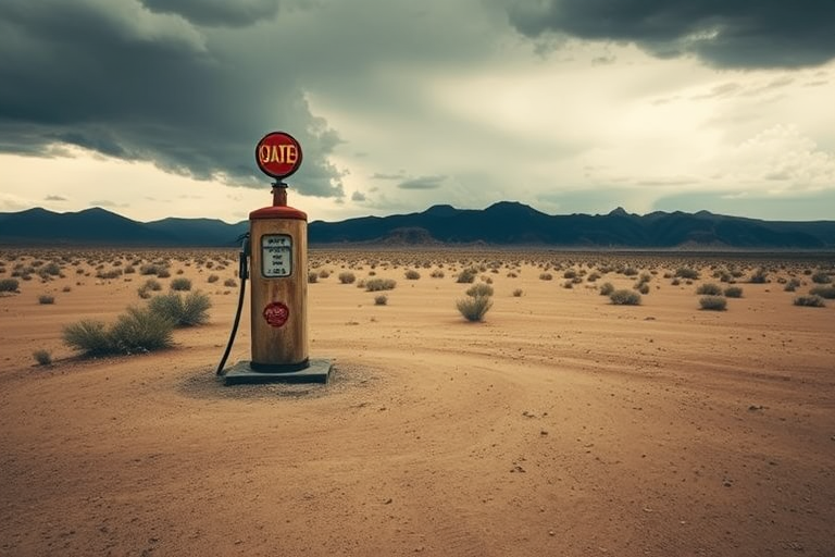 a desolate landscape with a vintage gas pump standing alone in a dusty terrain under a stormy sky, camera settings: f/8, ISO 100, 1/125s, camera view: wide angle, camera style: dramatic lighting with high contrast, camera type: digital DSLR