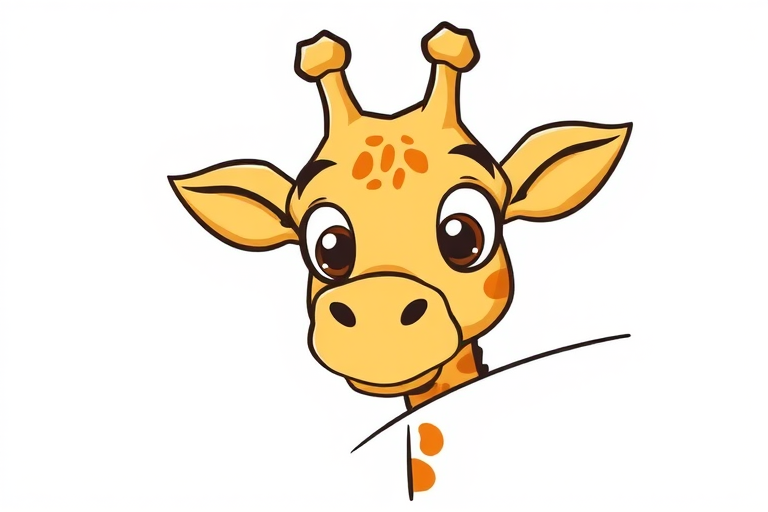 Create a simple cartoon drawing of a giraffe head with large eyes and a surprised expression peeking from the side of a blank canvas with a few spots on its neck.