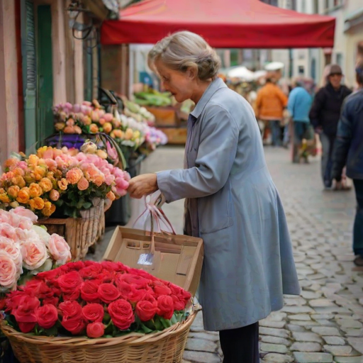 Flower market in a European village, the air filled with the scent of fresh blooms, a woman carefully selects a bouquet of roses, her basket already full of produce.