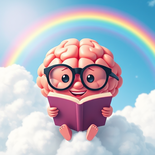 Cute cartoon brain with glasses reading a book, surrounded by clouds and a rainbow in a bright blue sky, soft focus, aperture f/2.8, shutter speed 1/125, ISO 100, high-resolution digital illustration, vibrant colors, 3D style, wide-angle view.
