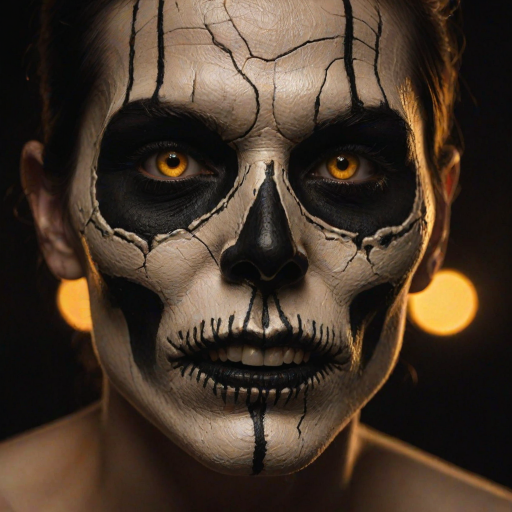 Create image featuring a close-up of a face painted like a skull. The skin is predominantly white with textured, cracked paint. The eye sockets are painted black, blending into the natural shadows of the eyes, creating a deep, hollow look. Bright, intense golden-yellow lights radiate from the eyes, casting a warm glow that contrasts with the cold, esoteric background. The nose is painted black in the shape of a spade. The mouth area features black lines extending from the corners, resembling a stitched effect. The face has sporadic black hair strands that frame it dramatically, adding to the eerie yet captivating feel. The background is blurred and dark, enhancing the focus on the face. Small, glowing orange embers are scattered sporadically across the image, contributing to the mysterious and magical atmosphere. The overall style is hyper-realistic with an emphasis on the contrast between light and dark elements, giving it an almost supernatural
