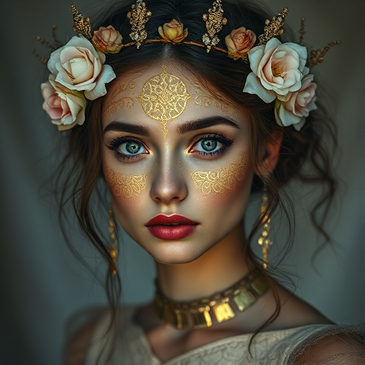 Create a portrait of a mystical woman adorned with delicate floral headpieces and intricate golden patterns on her face, using a Canon EOS R5 with a 50mm lens, ISO 100, f/1.8 aperture, 1/200s shutter speed, soft focus background, and dramatic lighting to enhance the ethereal quality of the scene.