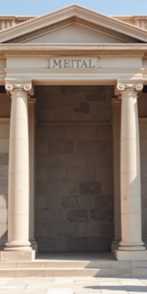 Regenerate an image of a classical stone temple entrance with four columns and a pediment, using a DSLR camera with a 50mm lens, aperture set to f/2.8 for shallow depth of field, ISO 100 for high clarity, in natural soft daylight, showing a straight-on view to capture the symmetrical details and textures.