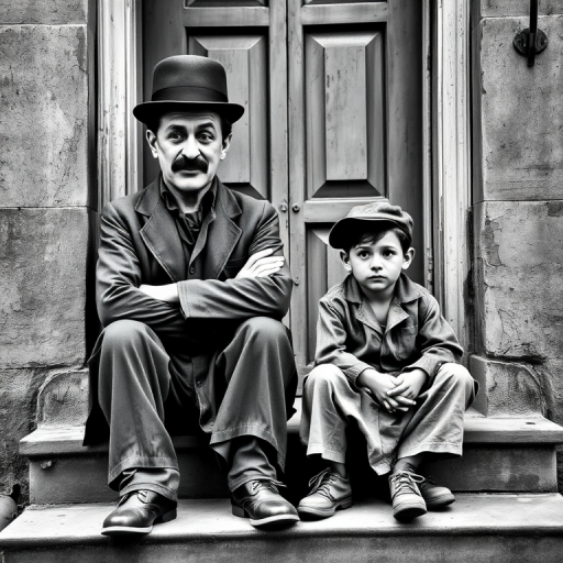 A black-and-white photograph of a man and a child sitting on steps in front of a doorway. The man is dressed as a tramp with a bowler hat, mustache, and ragged clothes, reminiscent of Charlie Chaplin's iconic look. He is sitting with his arms crossed and an expression of slight sadness or frustration. Next to him is a young boy, also in worn clothes and a cap, sitting with his hands clasped, looking thoughtful. The background is an old, textured wall and a partially open door, creating a vintage, early 20th-century atmosphere.