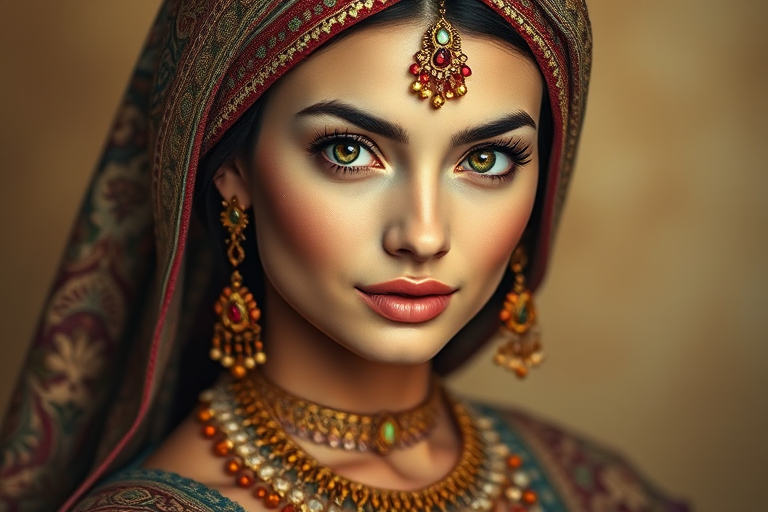Create a portrait of a beautiful woman with striking hazel eyes and a gentle expression. She is adorned in traditional attire with intricate patterns, including a richly embroidered headscarf and matching garments. Her jewelry includes a delicate headpiece, dangling earrings, and ornate bracelets, all featuring vibrant gemstones and detailed metalwork. The background is soft and warm, enhancing the rich colors of her outfit and jewelry.