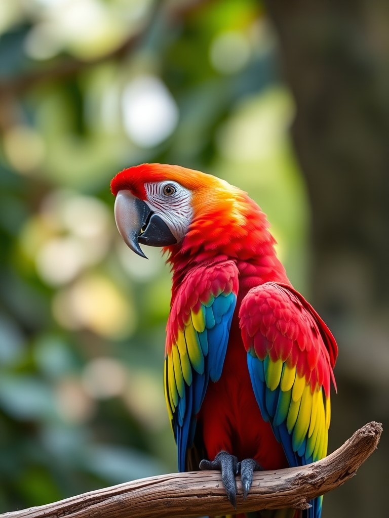 Regenerate an image of a vibrant scarlet macaw perched on a wooden branch, with rich, detailed colors and textures, using a DSLR camera with a 50mm lens, aperture f/2.8, shutter speed 1/200s, ISO 100, in a natural light setting, shot from a slightly elevated angle for a dynamic perspective.