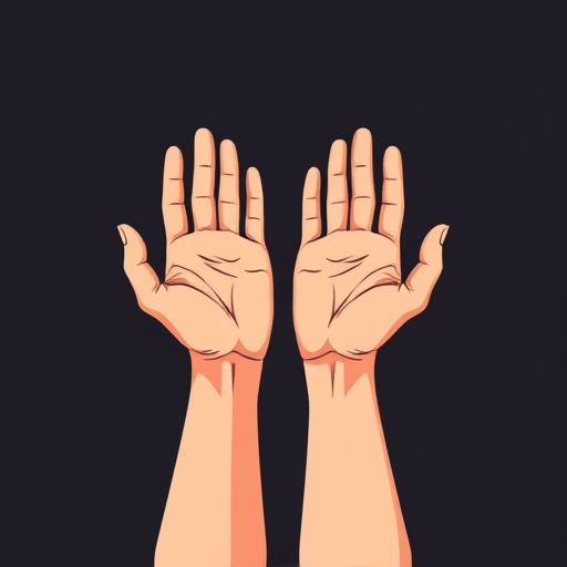 Create a high-resolution vector illustration of two hands raised in a gesture of openness, using a Canon EOS 5D Mark IV, aperture f/4, ISO 100, 50mm lens, top-down view, in a minimalist style with crisp lines and solid colors.