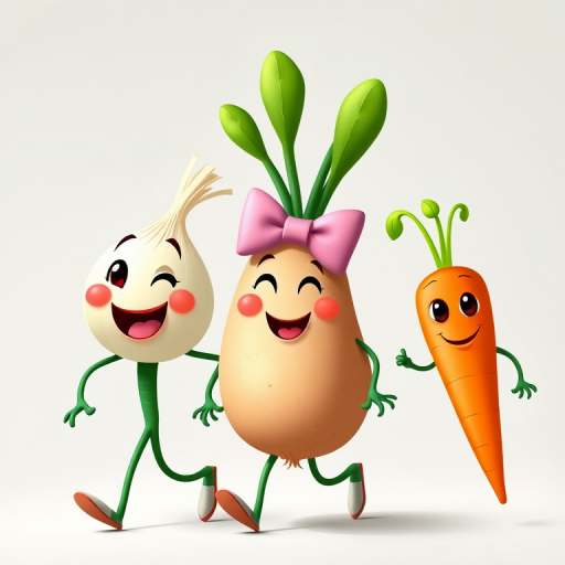 Create a vibrant cartoon image of three anthropomorphic vegetables: a smiling green onion, a cheerful potato wearing a pink bow, and a playful carrot, all walking together in a friendly manner against a simple background, shot with a DSLR camera at f/5.6 aperture, ISO 100, and a 50mm lens to enhance clarity and color saturation.