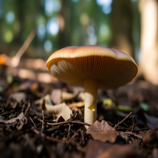 Close-up of a mushroom in a forest setting, shallow depth of field, f/2.8, 1/100 sec, ISO 200, 50mm lens, soft natural light, macro photography, DSLR camera.