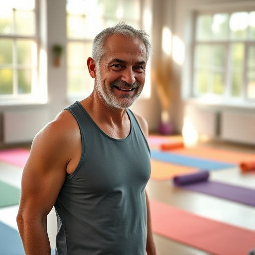 A fit older man smiling in a yoga studio with colorful mats, natural light coming through large windows, shallow depth of field, using a Canon EOS R5 with a 50mm f/1.2 lens, ISO 100, aperture f/1.8, shutter speed 1/200s, soft and warm color tones.
