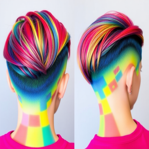 Vibrant rainbow mosaic undercut, expertly colored by "Prism Palace" artists, showcasing a closely cropped back and sides with a longer, swept-back top, each section dyed a different hue of the rainbow, creating a stunning, kaleidoscopic effect that's both playful and avant-garde.