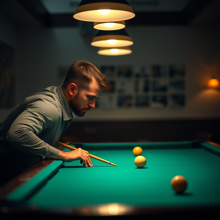 A man playing pool at a well-lit billiard table, focused on his shot, soft natural lighting with a slight overhead glow, shot with a Canon EOS R5 at f/2.8, ISO 100, 50mm lens, shallow depth of field.