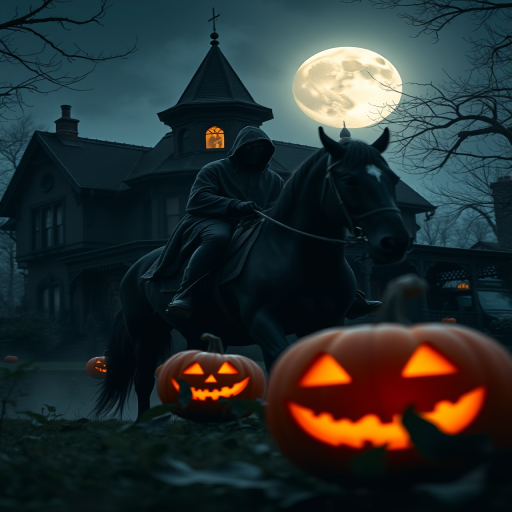 A dark, atmospheric scene featuring a hooded figure on a black horse riding past a spooky Victorian house, illuminated by the moon with glowing jack-o'-lanterns in the foreground, captured with a Nikon D850, 50mm lens, f/2.8 aperture, ISO 100, and a long exposure for enhanced detail and vibrant colors.