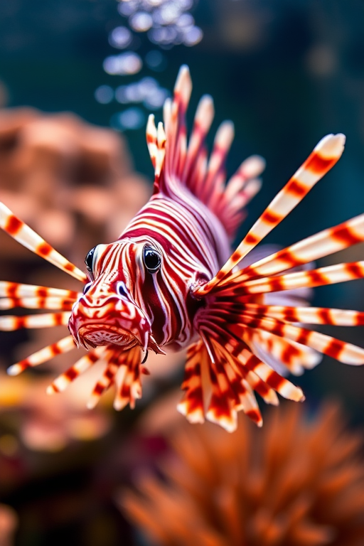 Capture a high-resolution image of a lionfish swimming gracefully in an aquarium, using a DSLR camera with a 50mm lens at f/2.8, ISO 200, and a shutter speed of 1/125 sec, with a macro lens perspective and soft natural lighting for enhanced detail.