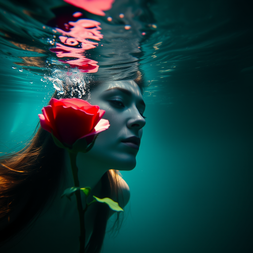 A woman underwater, gazing at a rose Her face is reflected in the water's surface The scene is illuminated by sunlight filtering through the water The atmosphere is serene and contemplative