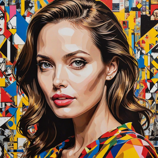 Featuring a young angelina jolie, A vibrant artwork blending bohemian style with edgy street art, . The design mixes vibrant colors with the modern Disney-inspired style, echoing Roy Lichtenstein's pop art. The overall mood is optimistic and trendy, with elements of Johannes Vermeer’s classic elegance, combined with the geometric abstraction of crystal cubism. add Stockholm silhouette