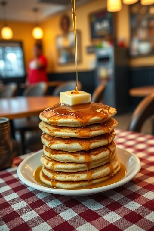 restaurant setting, stack of pancakes with syrup and butter on a plate, checkered tablecloth, warm lighting, DSLR camera, aperture f/2.8, shutter speed 1/60s, ISO 400, shallow depth of field, top-down view