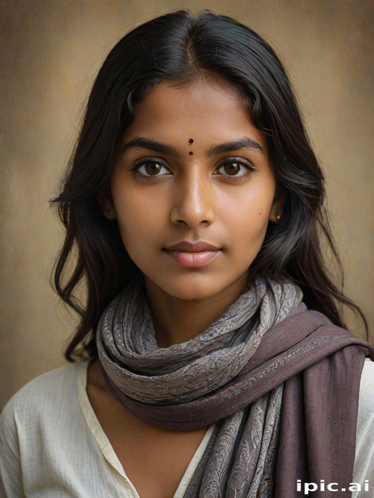 Create a portrait of a young Sri Lankan woman with long, dark hair and captivating hazel eyes. She is wearing a dark headscarf and a matching scarf draped gracefully around her neck. The background is softly blurred, focusing attention on her serene and natural expression. The overall color palette is muted and warm, enhancing the intimate and authentic feel of the portrait.