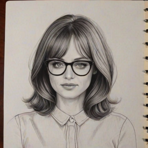 Ravishing Alexis Bledel, pencil sketch, portrait of Resplendent woman 1968s in glasses, hair style beatnik, outline, clear lines, fine lines, 8k