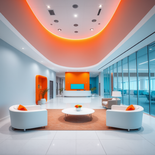 interior of a modern reception area with curved walls, bright orange and teal accents, sleek white furniture, soft ambient lighting; shot with a DSLR camera, 24mm lens, aperture f/8, ISO 200, natural light, wide-angle view