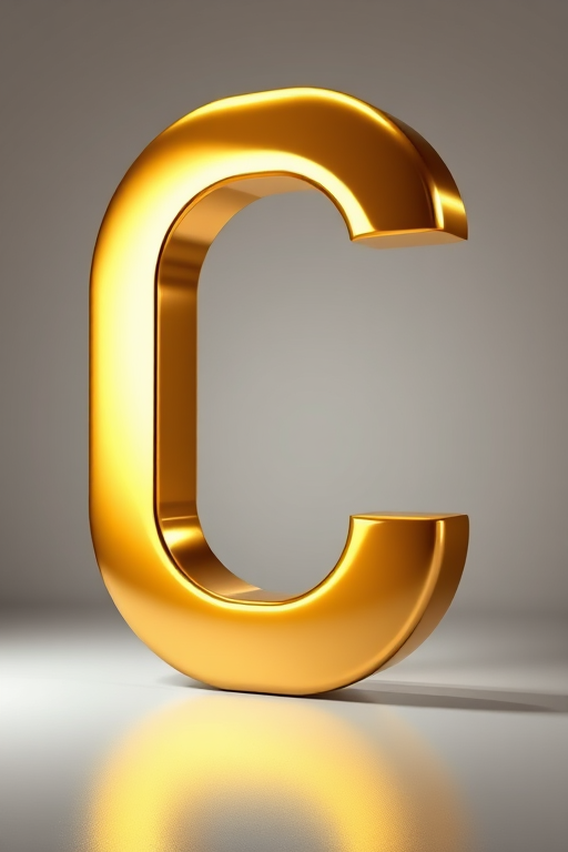 Create a highly detailed 3D rendering of a large, glossy gold letter "C" with a smooth gradient and reflections, shot with a Canon EOS R5 at f/2.8, 50mm lens, ISO 100, in a well-lit studio environment with softbox lighting for enhanced highlights and shadows.
