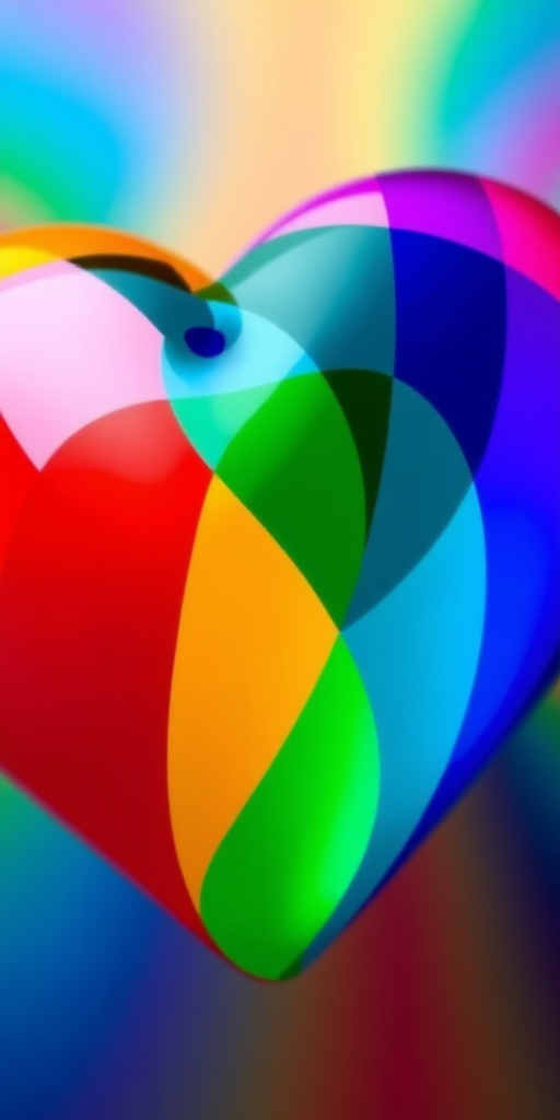 Create a vibrant heart with overlapping rainbow colors in a gradient style, captured with a digital camera at f/2.8, ISO 100, 50mm lens, using a macro view for enhanced detail and clarity.