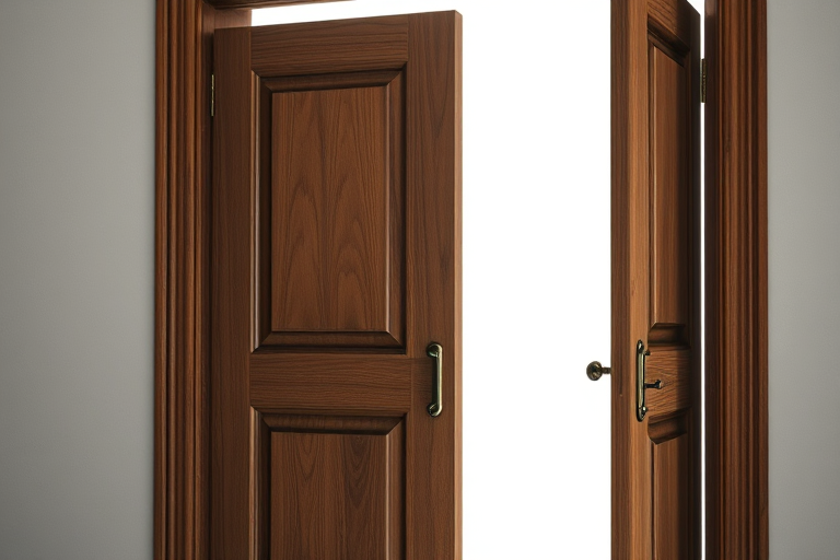Create a photorealistic image of an open wooden door with fine details on the frame and mesh, shot with a DSLR camera at f/8 aperture, 50mm lens, ISO 100, in natural light to enhance texture and clarity.