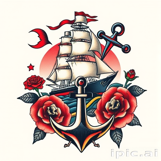 Bold traditional American tattoo dubbed "Sailor's Legacy" featuring a vintage-inspired ship, anchor, and roses in rich primary colors with thick black outlines and classic shading techniques