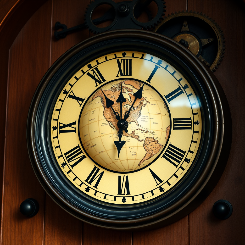 Create an image of a wall clock with a globe as the clock face, featuring Roman numerals, intricate mechanical gears in the background, using a Canon EOS R5 camera, 50mm lens, f/1.8 aperture, ISO 100, and a soft natural light source for enhanced detail and depth.