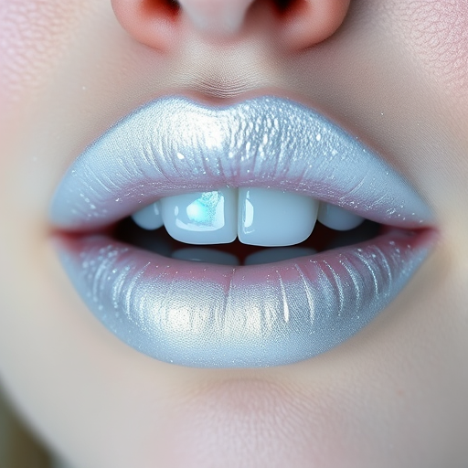 Icy white-silver lips in "Frost Queen" style, with a metallic finish and holographic snowflake-shaped glitter, creating a wintry and ethereal effect