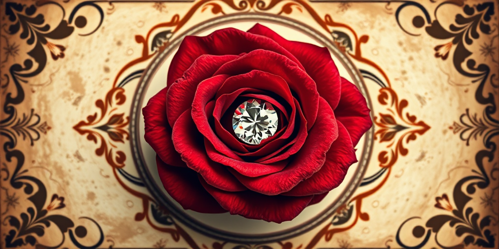 Create a vintage-style background featuring an ornate frame with a deep red rose in the center, add a sparkling diamond to the rose, use a soft focus lens, aperture f/2.8, ISO 100, and a DSLR camera to enhance the image quality.