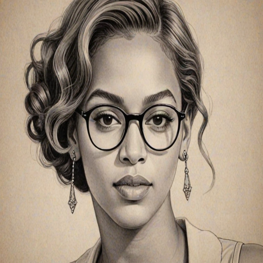 Comely Beyonce, pencil sketch, portrait of Elegant woman 1928s in glasses, hair style beatnik, outline, clear lines, fine lines, 8k
