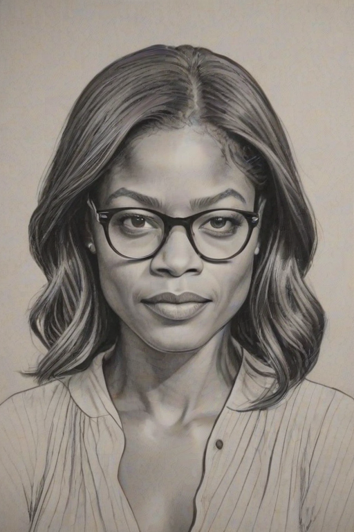 Attractive Naomie Harris, pencil sketch, portrait of Dazzling woman 1935s in glasses, hair style beatnik, outline, clear lines, fine lines, 8k