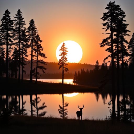 a serene landscape with a large sun setting behind silhouettes of tall pine trees and a calm lake reflecting the scene, with a deer standing on a hill, captured with a DSLR camera at f/8 aperture, ISO 100, 24mm focal length, and a wide-angle lens for enhanced depth of field and detail