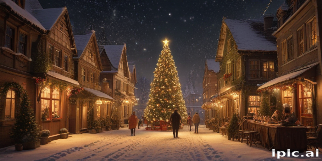 Charming Winter Village Scene with a Sparkling Christmas Tree and Snowfall