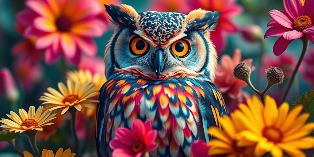 Create a vibrant digital artwork of a colorful owl surrounded by flowers, using a Canon EOS R5 camera with a 50mm f/1.2 lens, aperture set to f/2.8, ISO 100, and a shallow depth of field for enhanced detail and clarity, in a close-up view with rich colors and dynamic lighting.