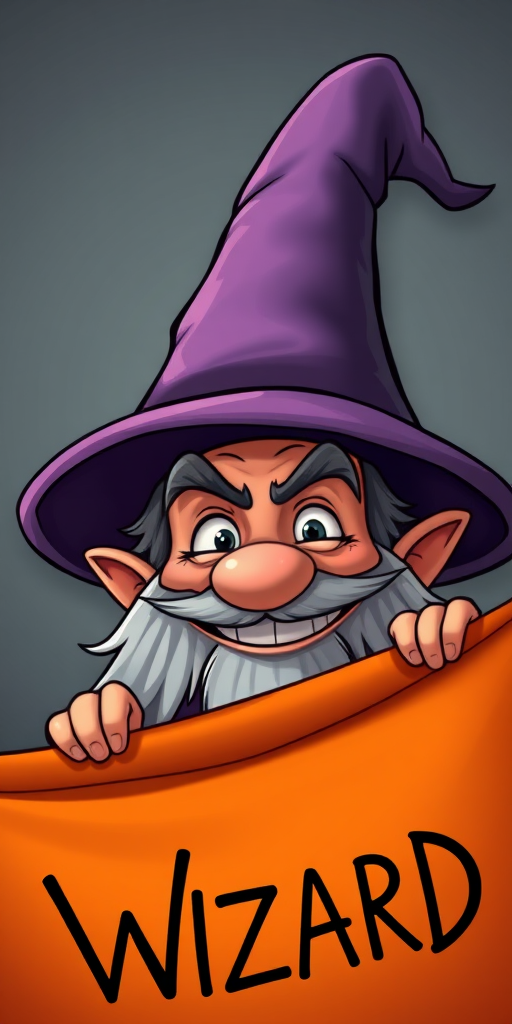 create an image of a mischievous cartoon wizard with a large pointed hat and a cheeky grin hiding behind an orange banner, use a Canon EOS R5 camera, aperture f/4, ISO 100, 50mm lens, and a slight upward angle view to enhance image quality