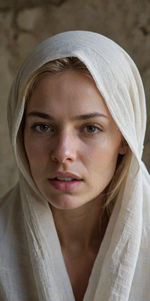 Create a close-up photographic image of a Caucasian woman with light skin tones shown against an old, worn wall. Their head is wrapped in a white cloth covering (i.e.... parts of the head except the nose and mouth, which are open as if they are screaming...), with a slight texture and visible folds in the fabric. Thin strands of blonde hair escape from the wrapping above, falling lightly at the top and sides. Their hands hold the fabric as if they are tugging nervously. The lighting is dramatic and even, casting strong shadows. The image has a minimalist and surreal style with an emphasis on simplicity with soft color tones. The composition is centered.
