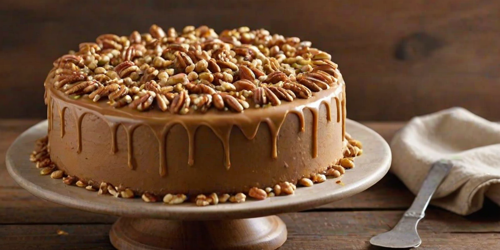 Create an image of a round cake with a smooth, creamy frosting on top. The top should be covered with a glossy caramel sauce and sprinkled with chopped nuts. The sides of the cake should be decorated with a simple border of swirled frosting and whole nuts arranged neatly along the bottom edge. The background should be a rustic wooden table to enhance the cake's presentation.