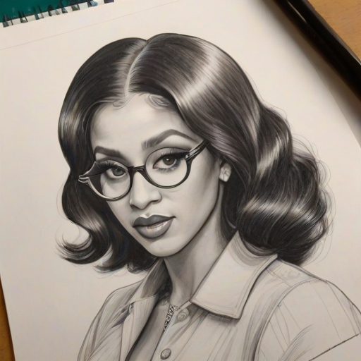 Wonderful Cardi B, pencil sketch, portrait of Beauteous woman 1927s in glasses, hair style beatnik, outline, clear lines, fine lines, 8k