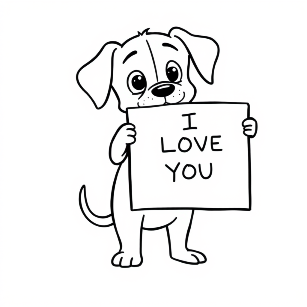 A minimalist cartoon of a PUPPY standing on a blank white background, holding a sign that simply says, 'I LOVE YOU.' The puppy is drawn with just a few lines: big eyes, whiskers, floppy ears, and a straight tail, giving it a comically desperate expression.